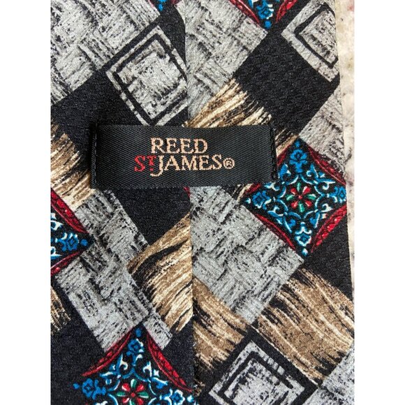 Reed James Mens Neck Tie Black White Blue Red Geometric - Picture 6 of 6